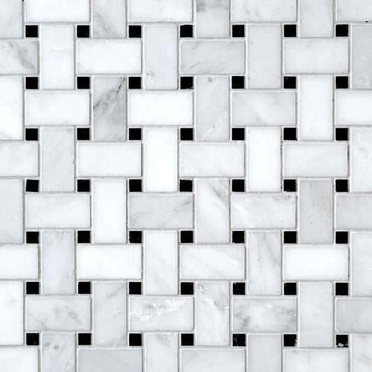 Basket Weave Asian White with Nero Dot 1/18''x2'' Stone Mosaic