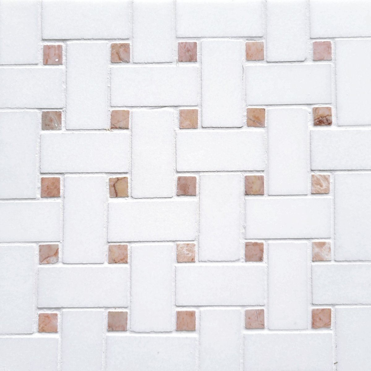 Basket Weave Thassos with Pacific Peach Dot 1 1/4''x2 1/2'' Stone Mosaic