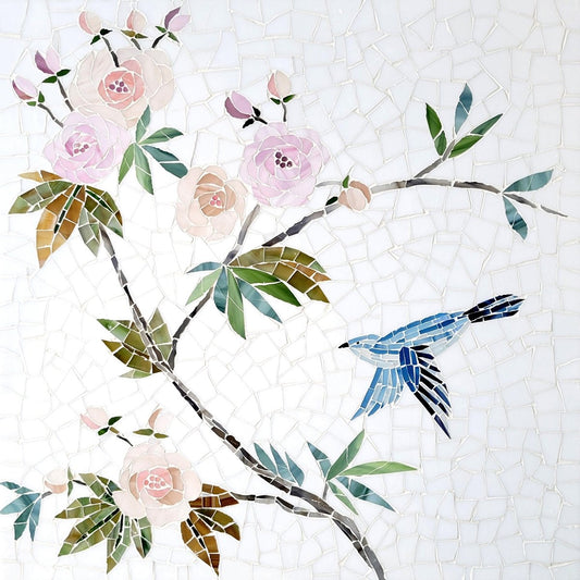 Blossom Floral & Bird Bianco Lava Glass Mosaic