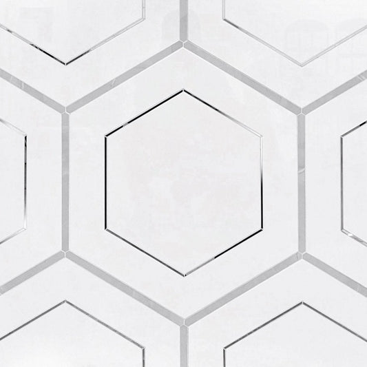 Misty Bianco Hexagon Porcelain & Metal Waterjet Tile