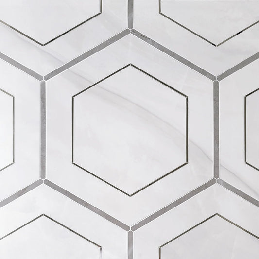 Misty White Agate Hexagon Porcelain & Metal Waterjet Tile