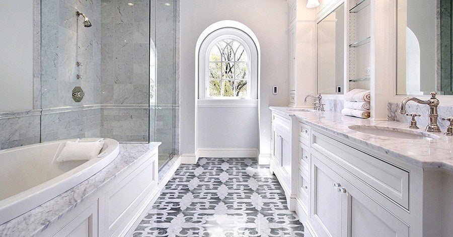 white and grey and black bathroom floor tile