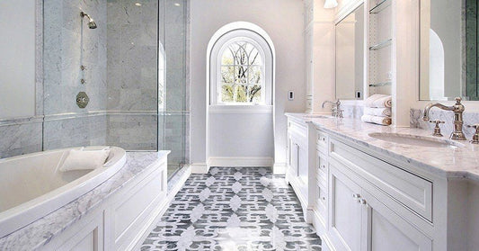 white and grey and black bathroom floor tile