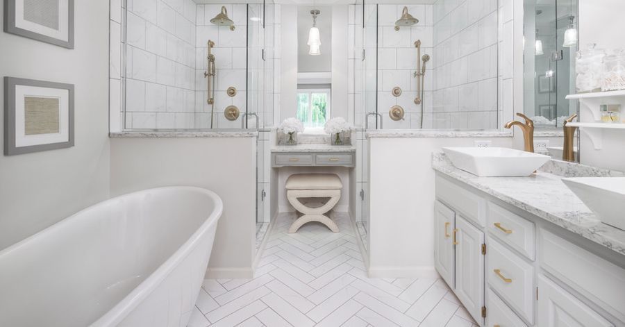 white bathroom floor and wall tile 