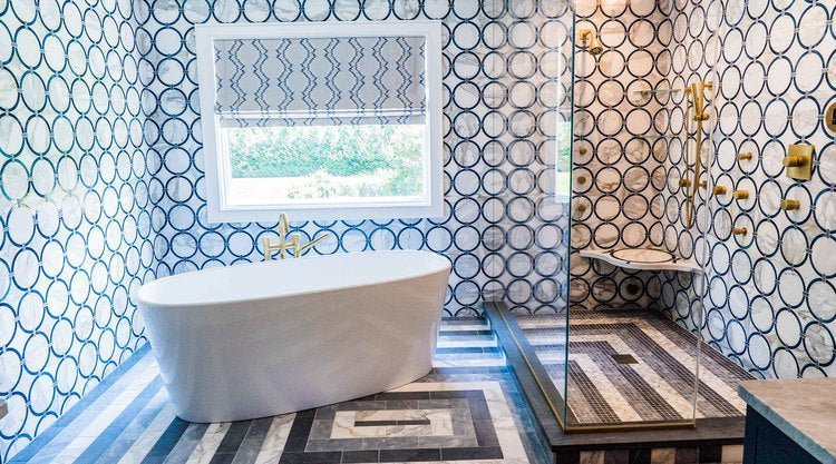 white grey and black bathroom floor tile