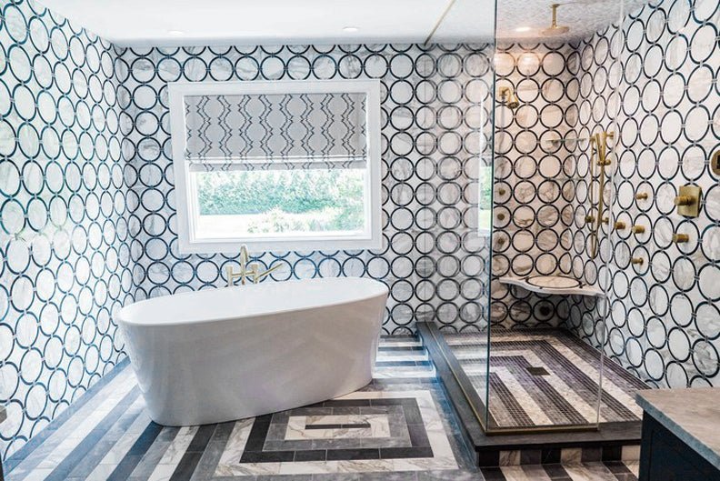 black and white and grey circular floor and wall tile