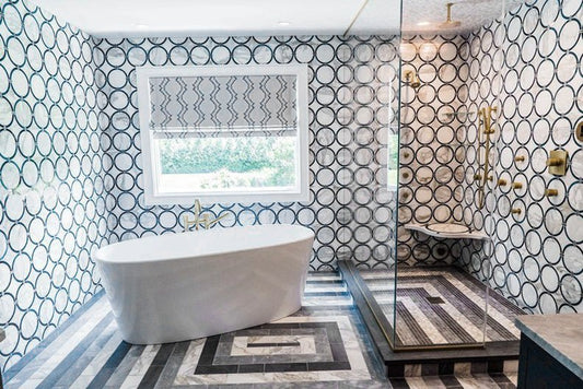 black and white and grey circular floor and wall tile