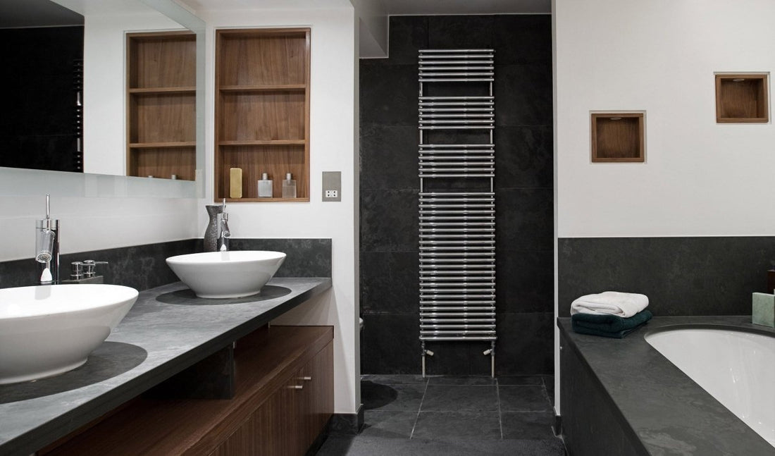 black bathroom floor and wall tile