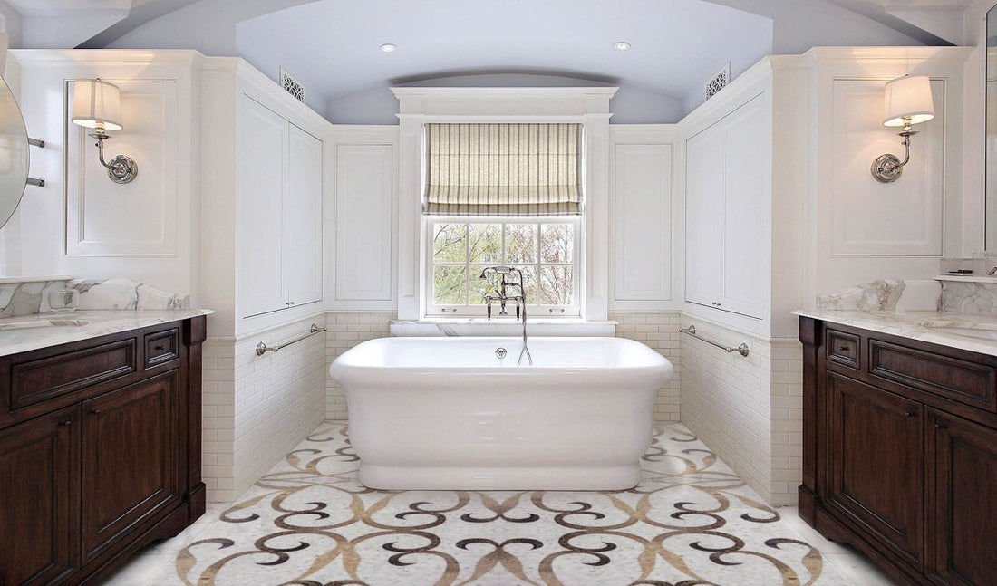 brown, beige, and white bathroom floor tile
