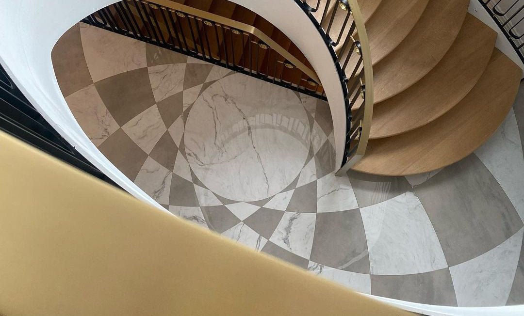 Staircase landing checkerboard spiral waterjet mosaic medallion