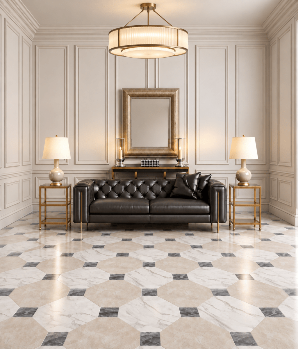12" Octagon checkerboard Calacatta and Botticino with Bardiglio Dot