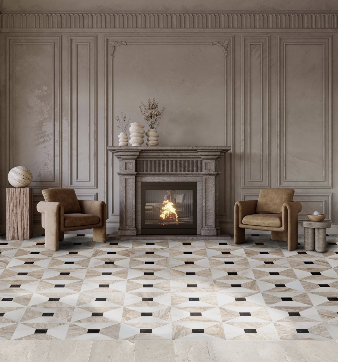 Anabelle Calacatta Onciatta & Diano Royale w/ St. Laurent Dot Tile