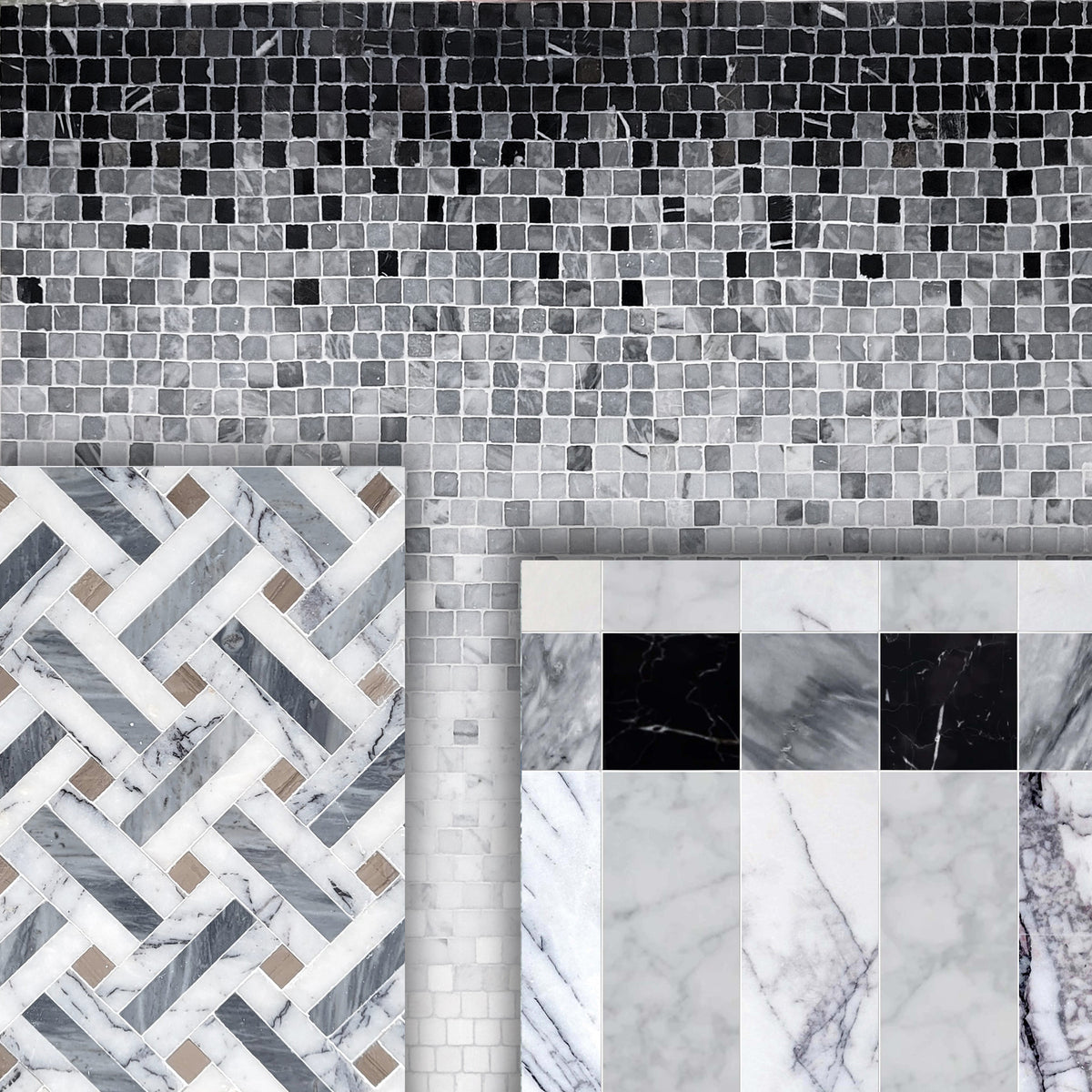 Collection of various mosaic tile patterns in black, white, and gray.