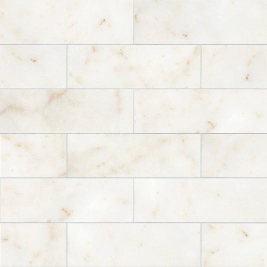 White marble tiles with subtle brown veining