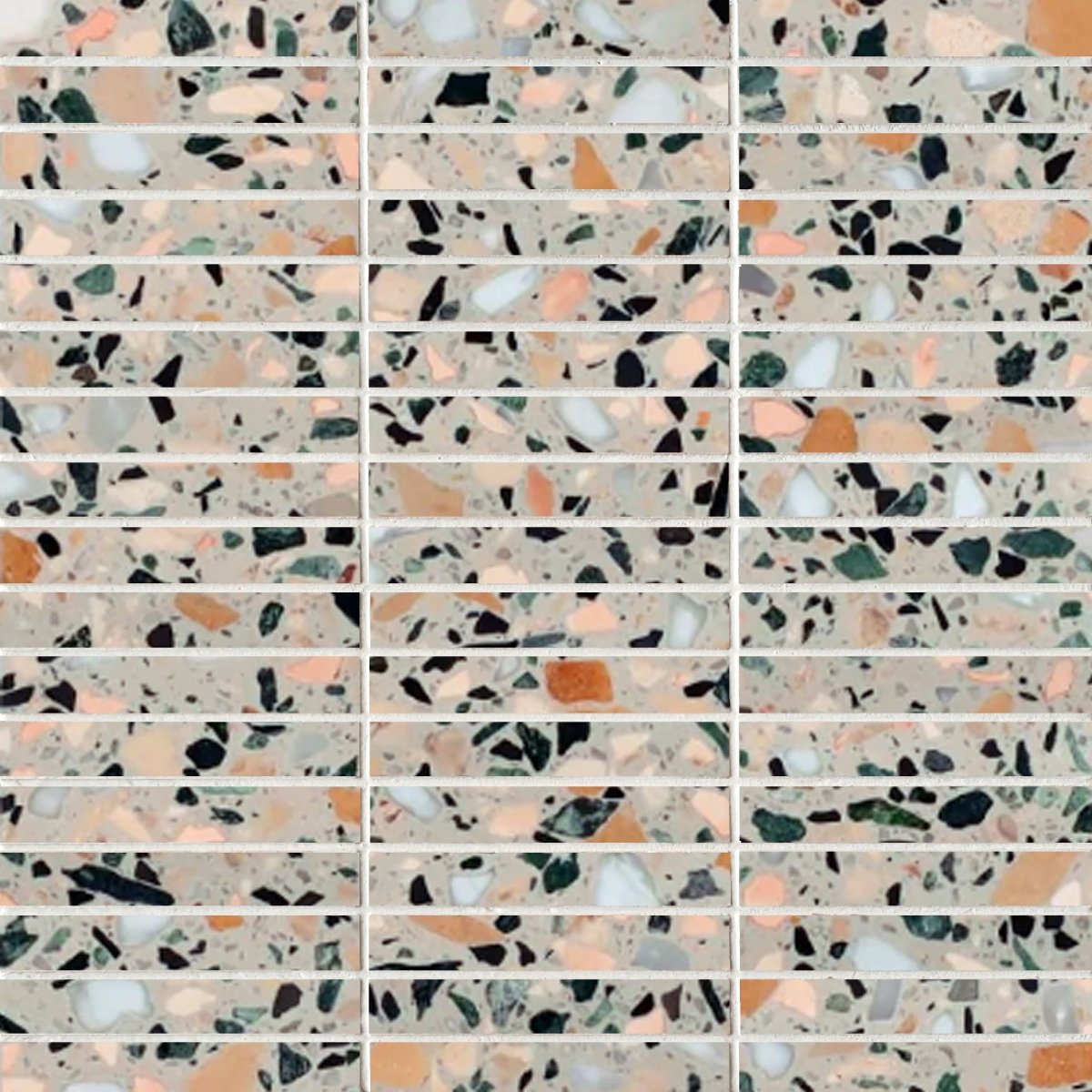 Pattern of terrazzo tiles with a mix of colors arranged in rows.