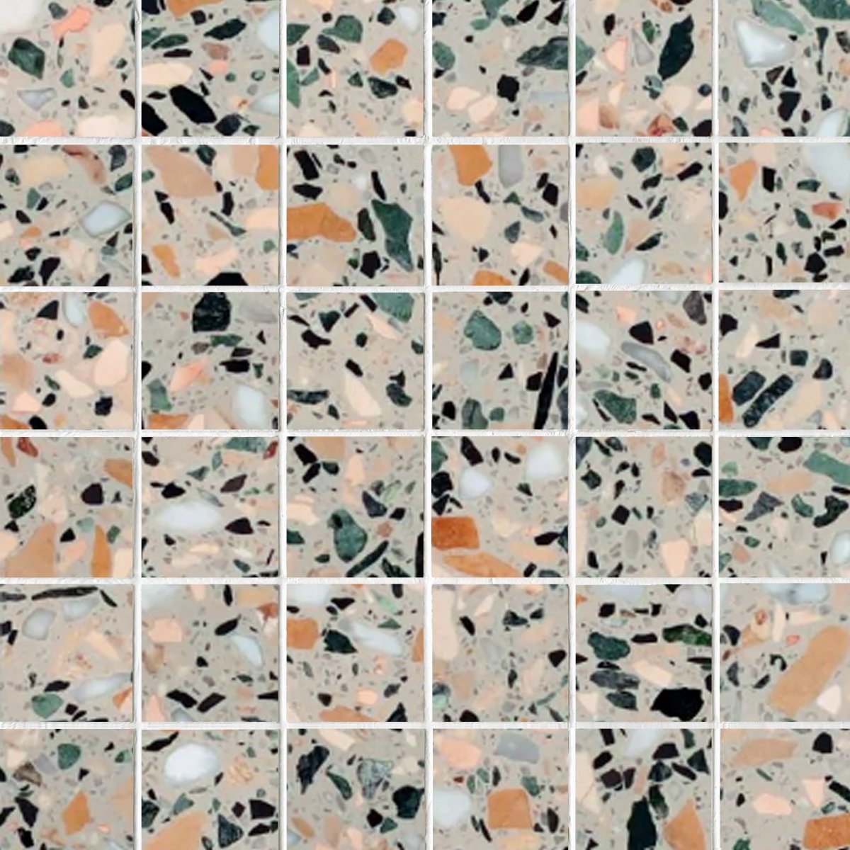 Pattern of terrazzo tiles with multicolored chips on a beige background
