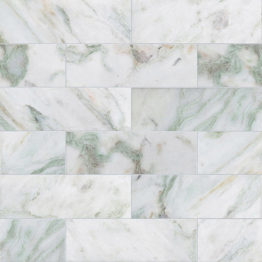 Patterned tile with a marble-like design in shades of gray and green.