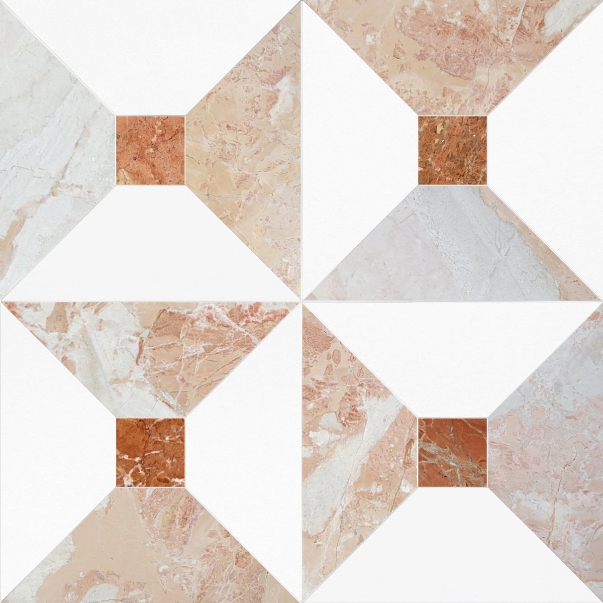 Marble-patterned tiles arranged in a geometric design on a white background