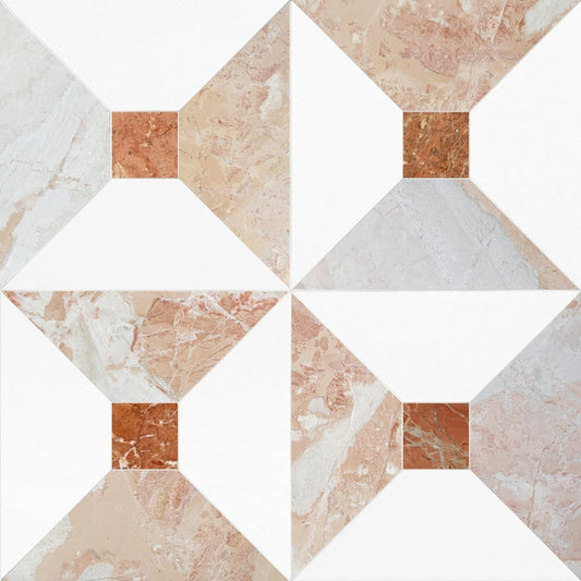 Marble-patterned tiles arranged in a geometric design on a white background