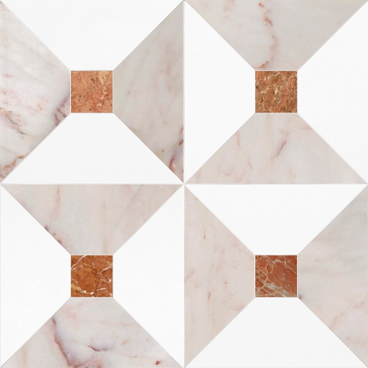 Marble-patterned tiles with a geometric design on a white background