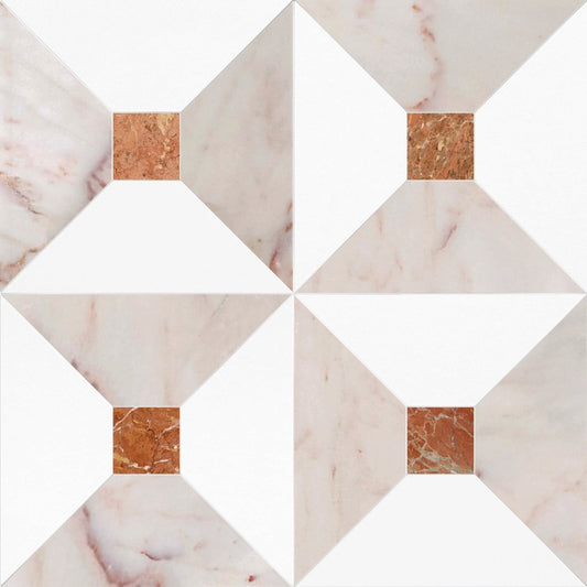 Marble-patterned tiles with a geometric design on a white background