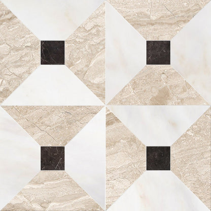 Geometric pattern of tiles with beige, white, and black squares.