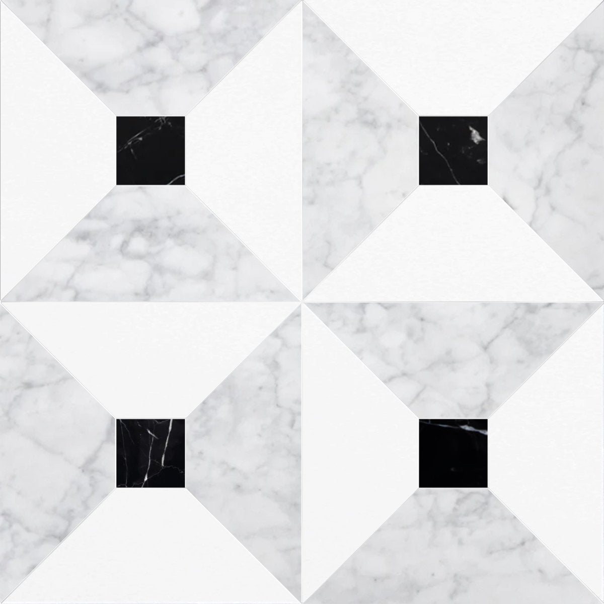 Anabelle Carrara & Thassos w/ Nero Marquina Dot Checker Waterjet Tile