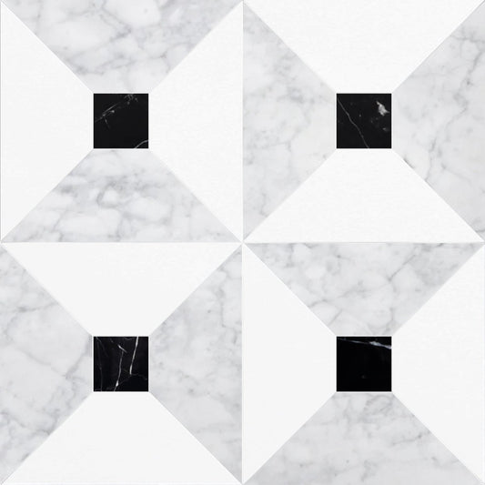 Anabelle Carrara & Thassos w/ Nero Marquina Dot Checker Waterjet Tile