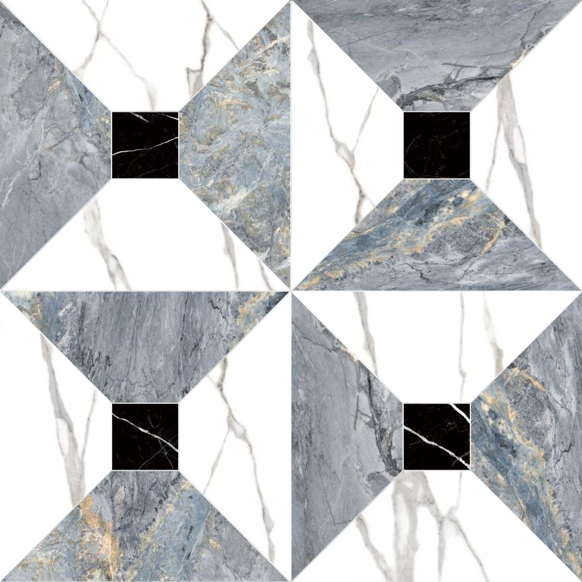 Hexagonal tiles with marble pattern and black square in the center