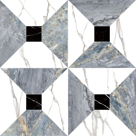 Hexagonal tiles with marble pattern and black square in the center