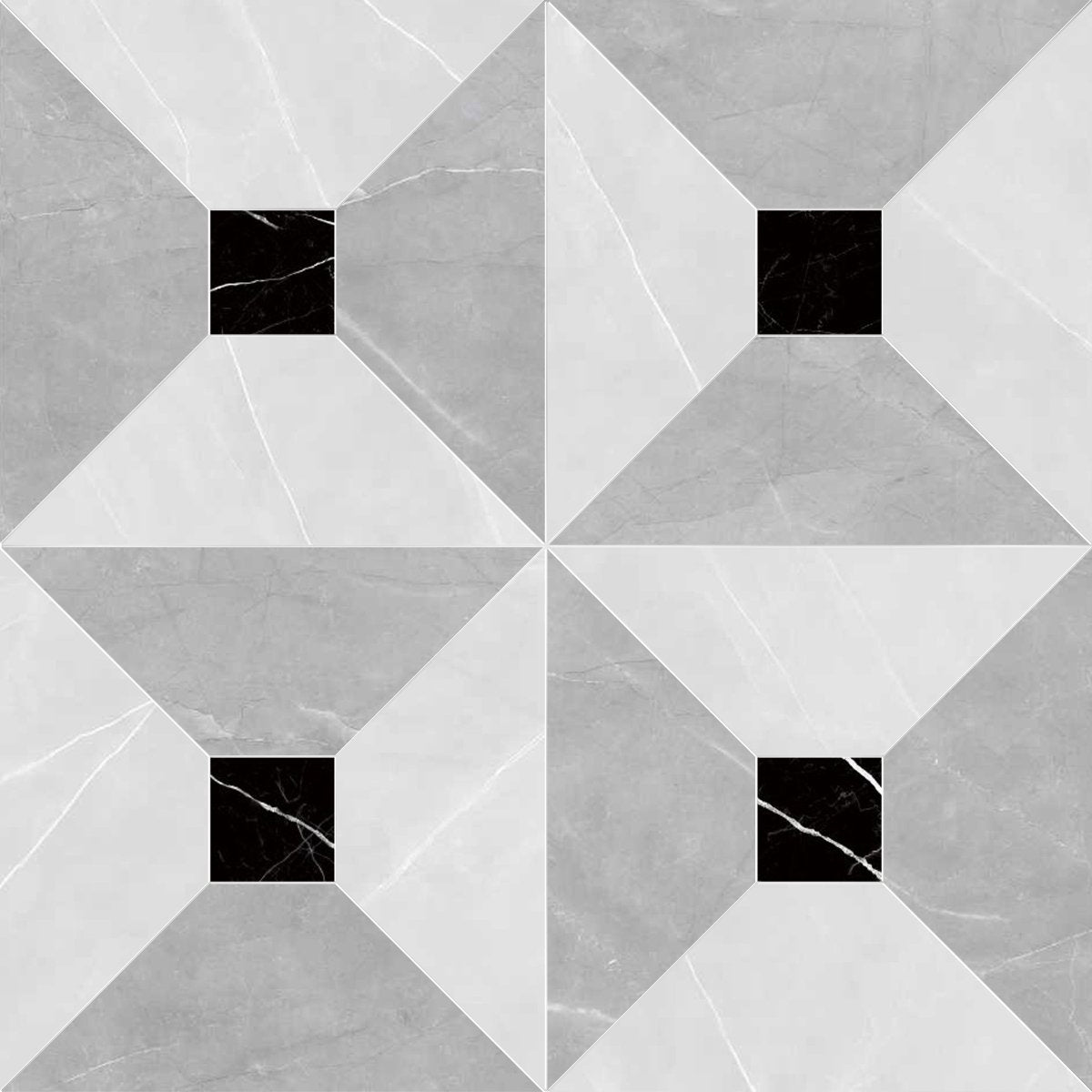 Geometric tile pattern with black square accents on a gray and white background