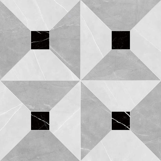 Geometric tile pattern with black square accents on a gray and white background