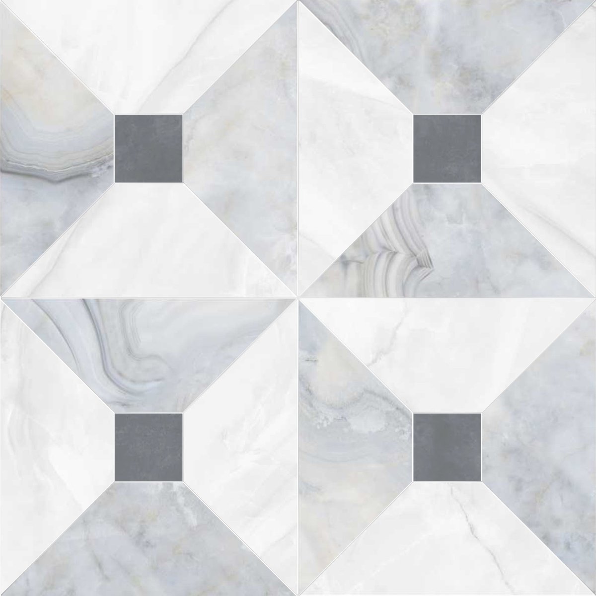 Hexagonal marble tiles with a geometric pattern on a white background