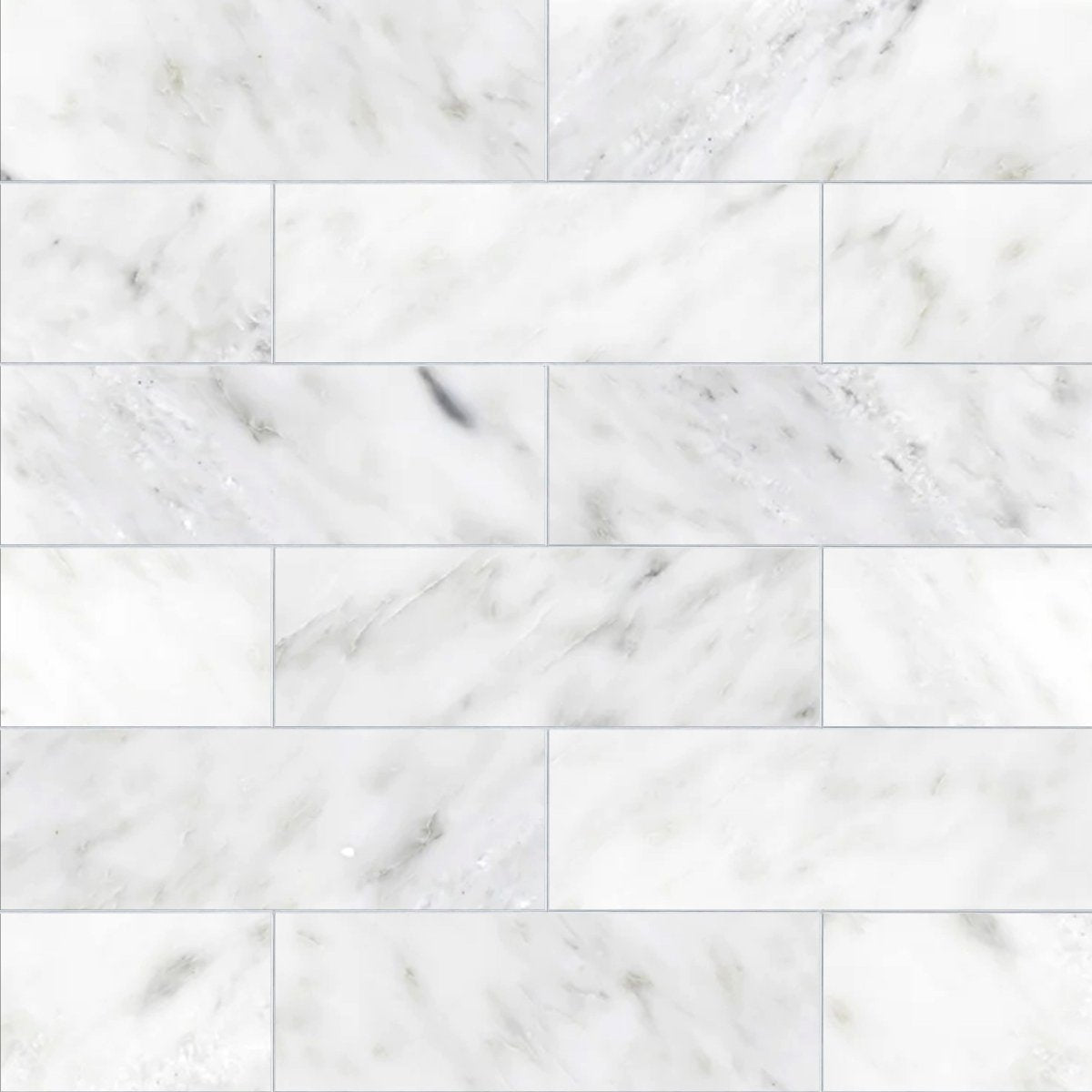 White marble tiles with a subtle gray veining pattern.