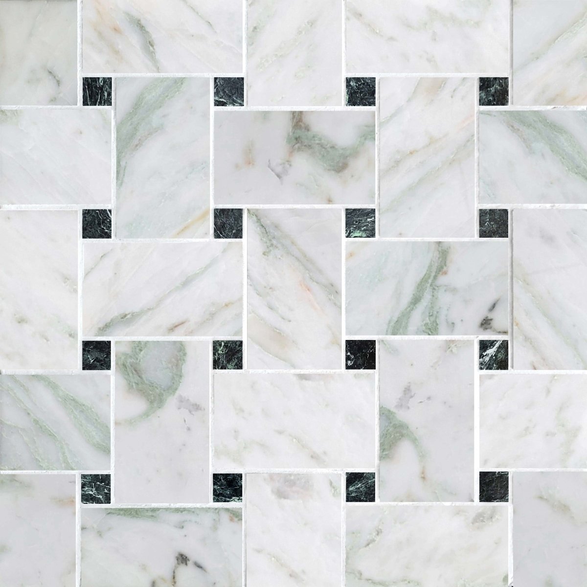 Mosaic pattern of marble tiles with a mix of white, gray, and green shades.