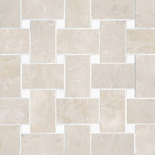 Basket Weave Botticino w Thassos Dot 2''x3 1/4''