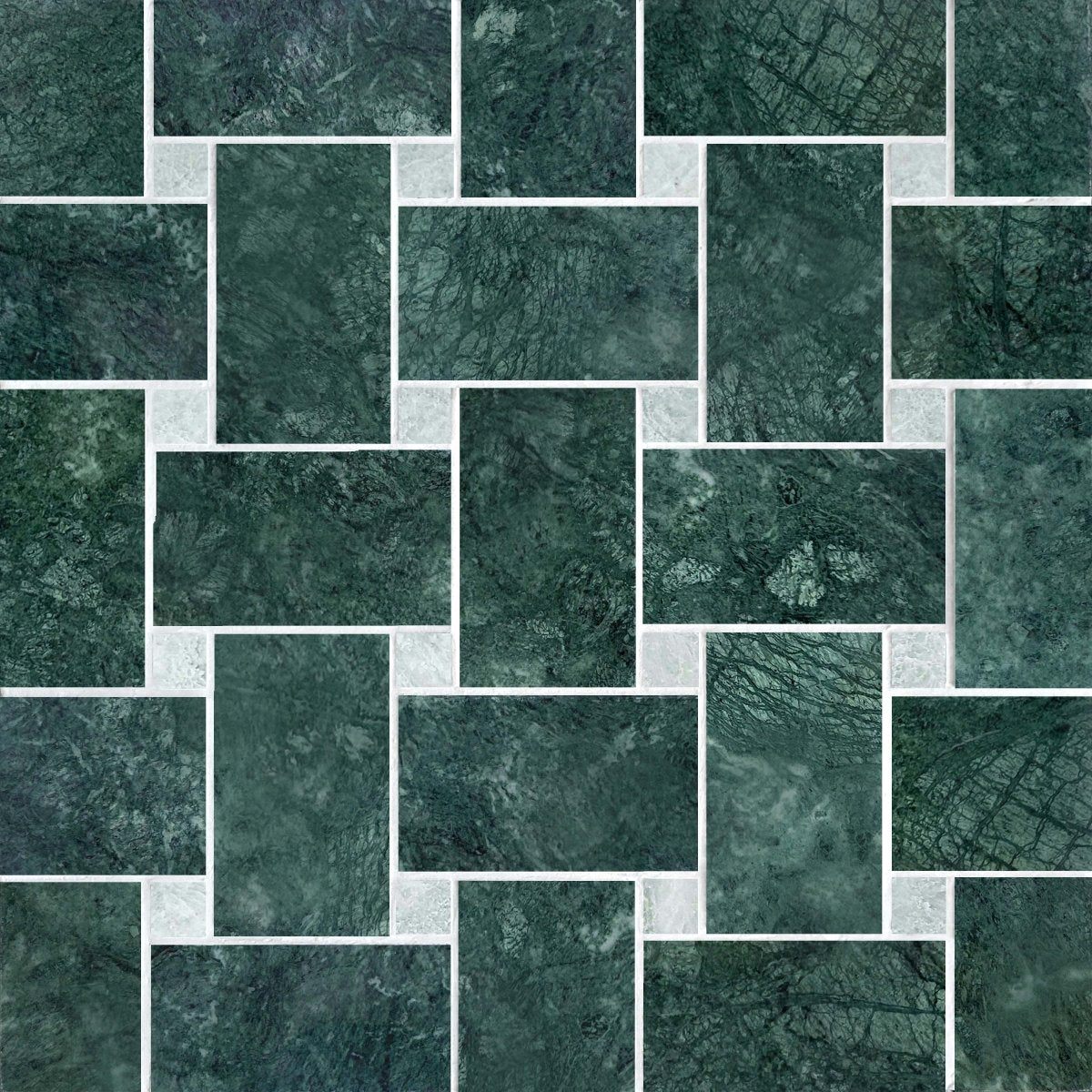 Pattern of green tiles arranged in a herringbone style