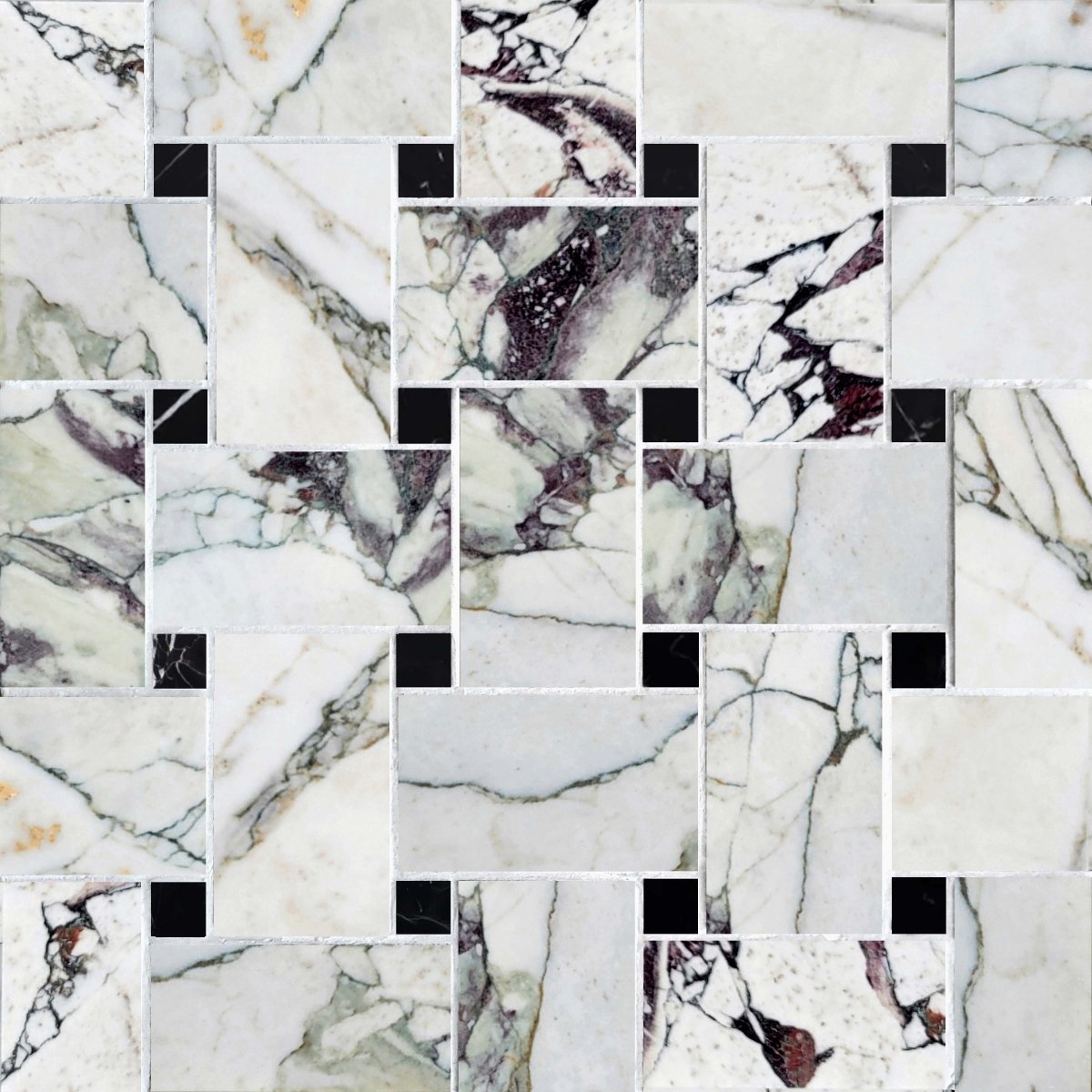 Pattern of white and gray marble tiles with black accents