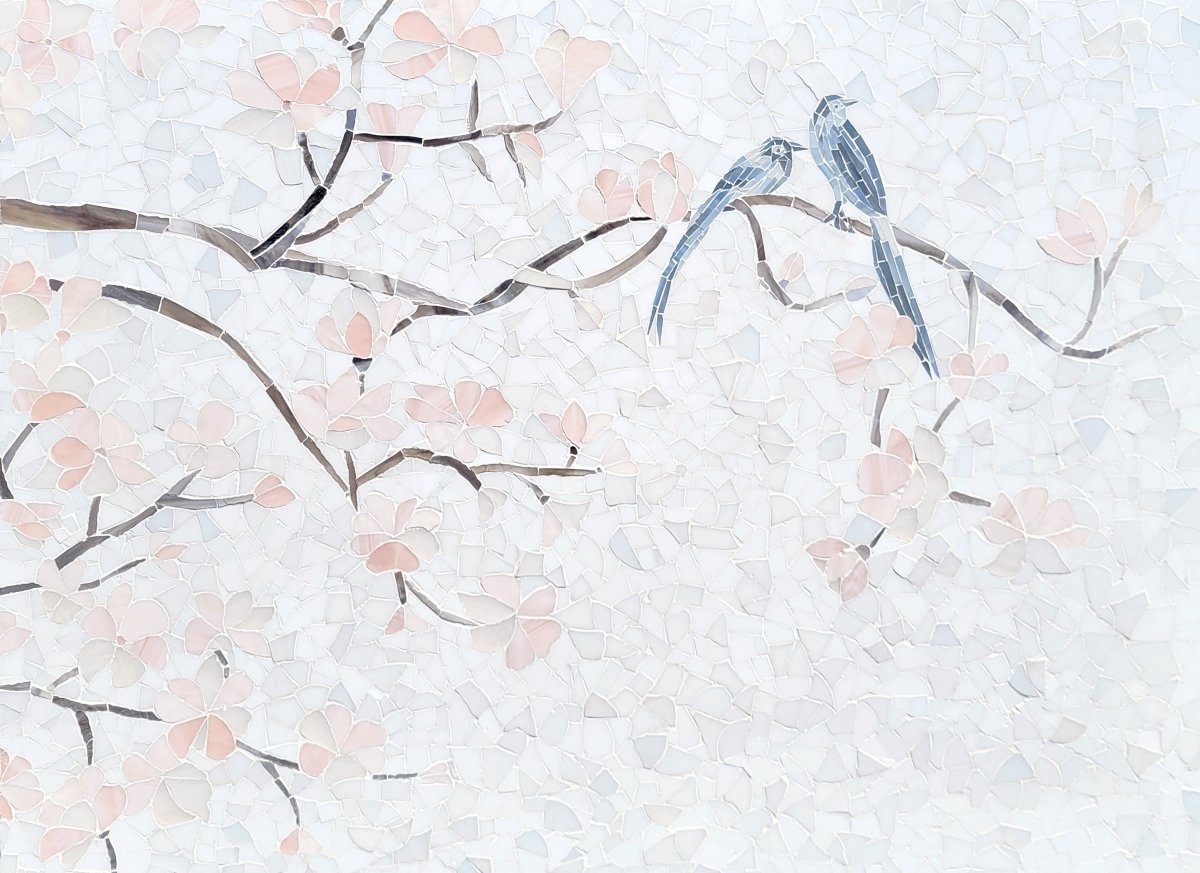 Two birds perched on a branch with cherry blossoms against a light blue background