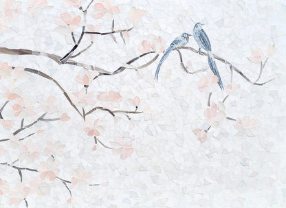 Two birds perched on a branch with cherry blossoms against a light blue background