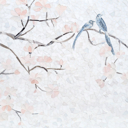 Decorative tile with floral patterns and birds on a light gray background