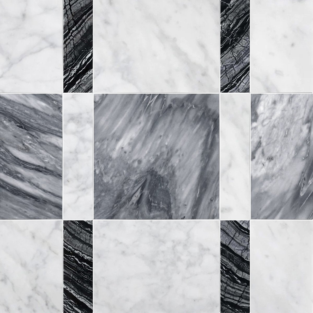 Grid of black and white marble tiles