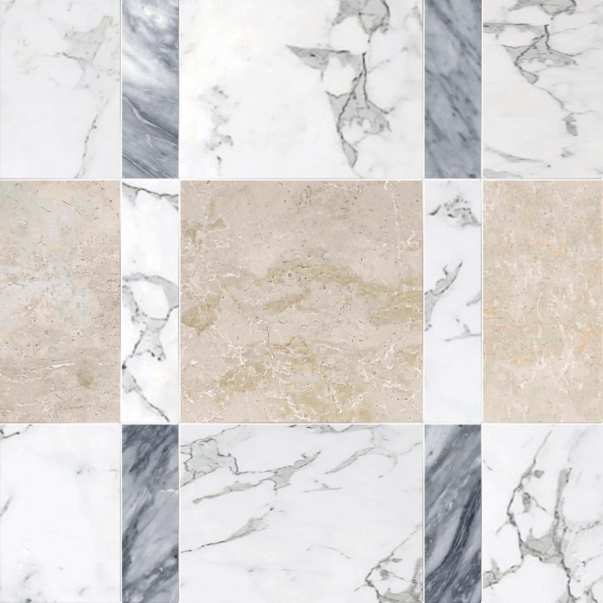Grid of various marble and stone textures in neutral colors.