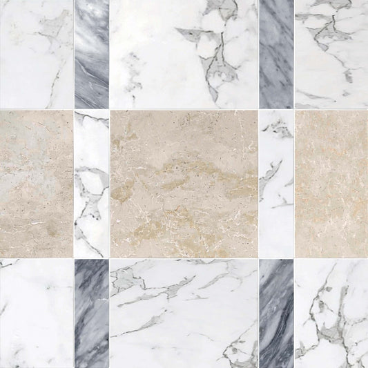 Grid of various marble and stone textures in neutral colors.
