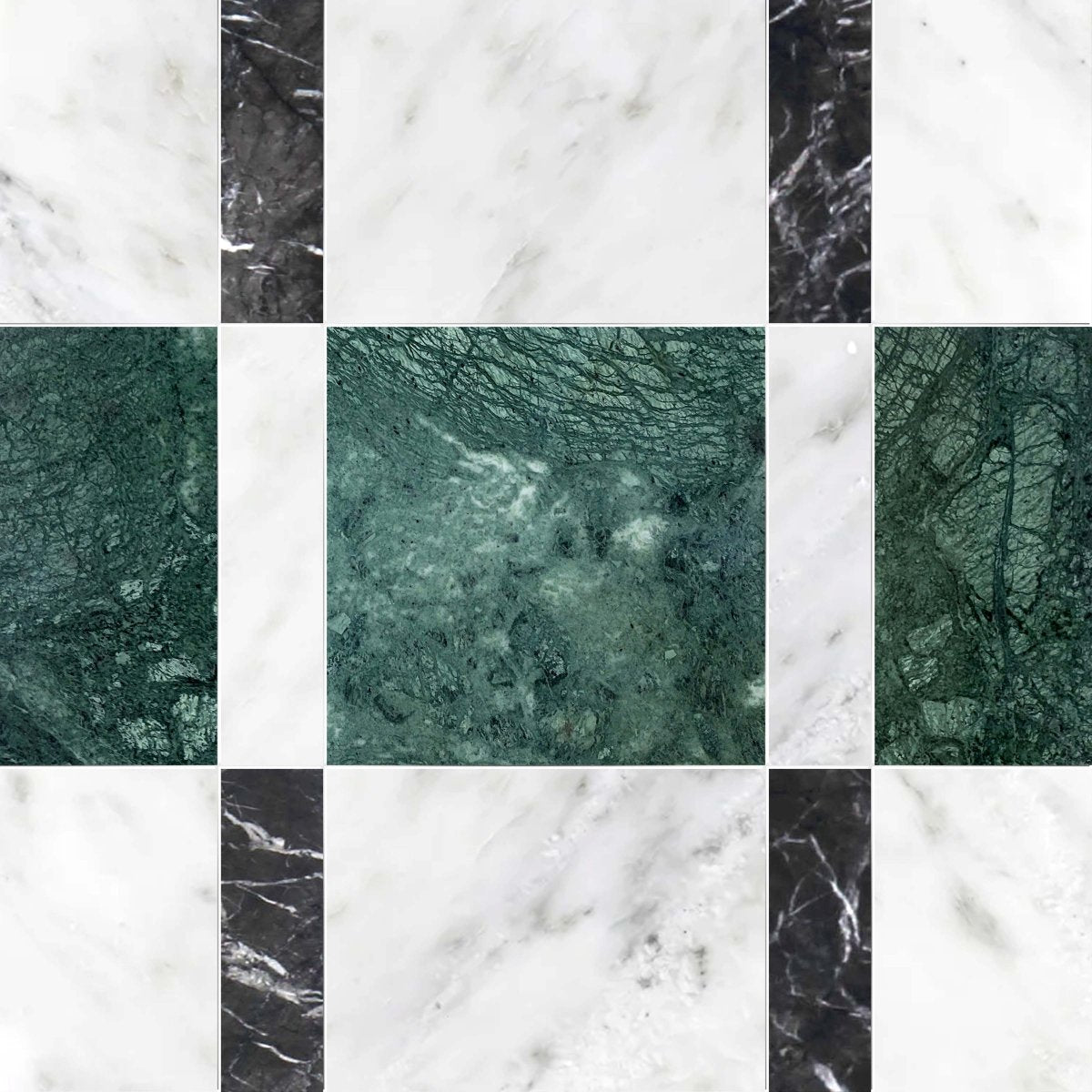 Checkered pattern of green and white marble tiles