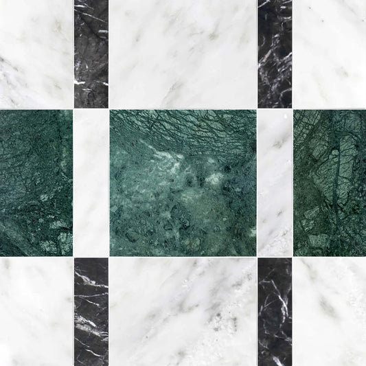Checkered pattern of green and white marble tiles