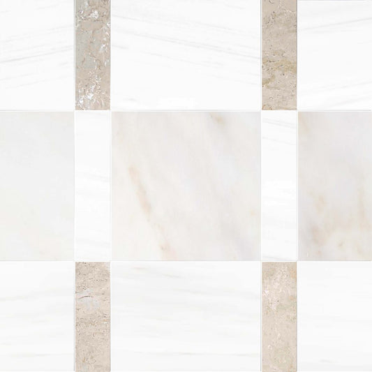 Checkered pattern of beige and white tiles