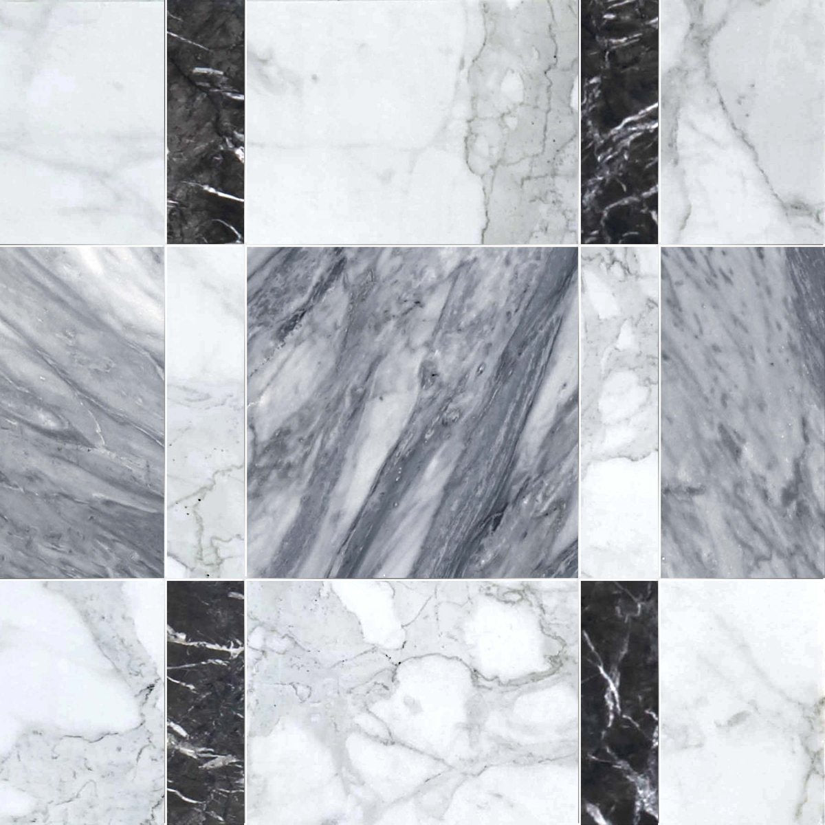 Grid of various marble patterns in gray, white, and black.