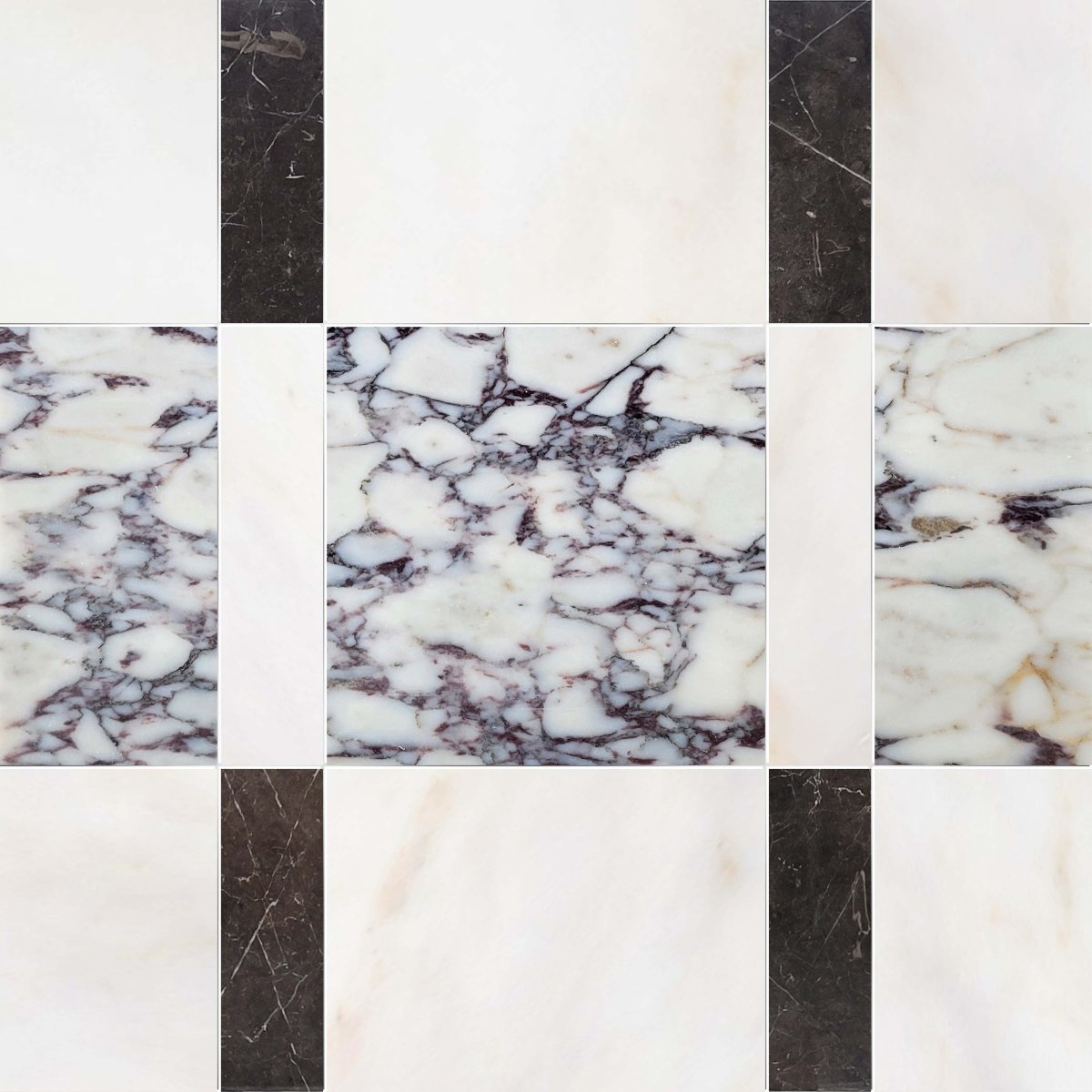Pattern of black, white, and gray marble tiles.