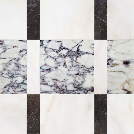 Pattern of black, white, and gray marble tiles.